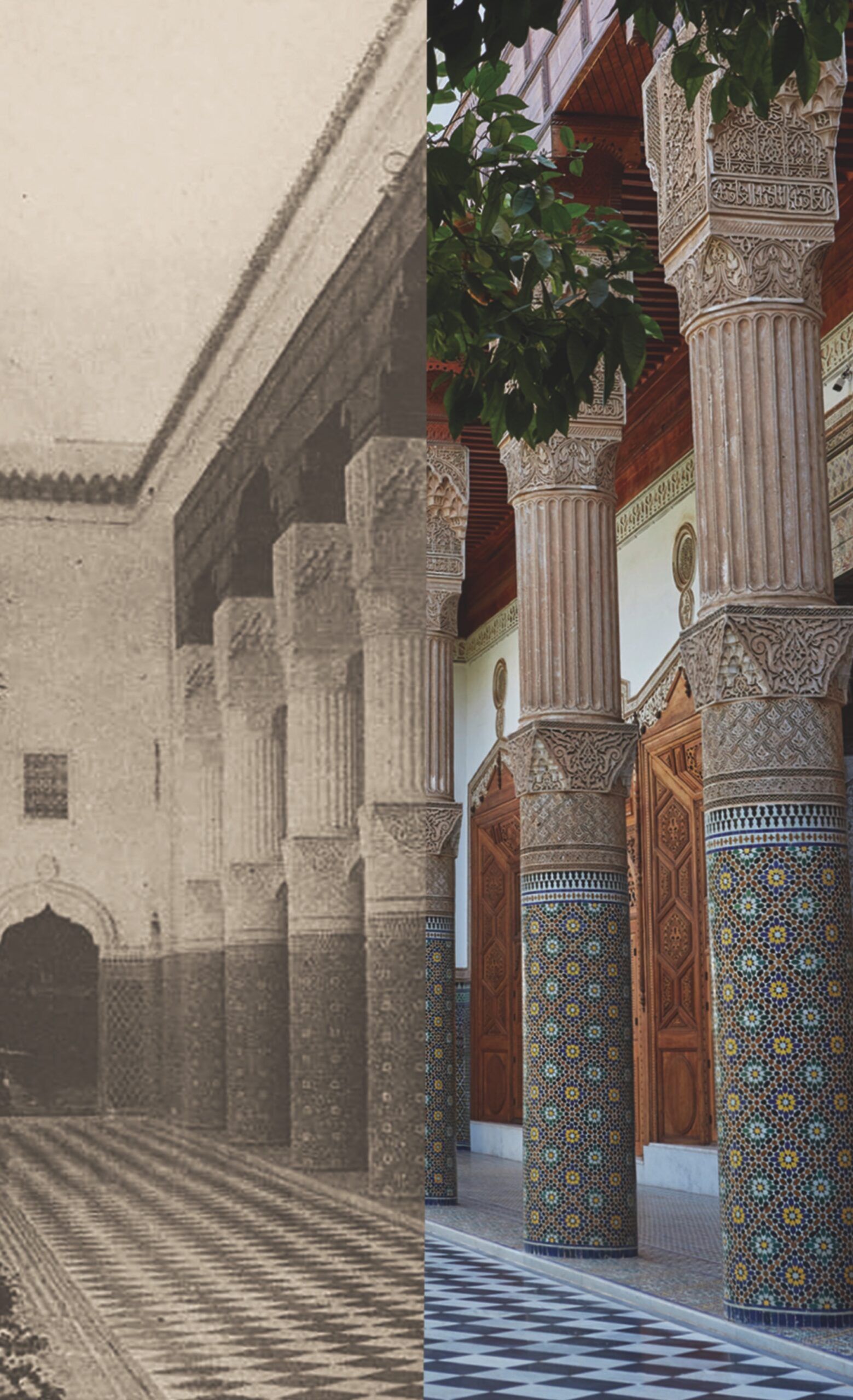 Bacha Coffee - Before and After photograph of courtyard at Dar el Bacha Marrakech, 1910.