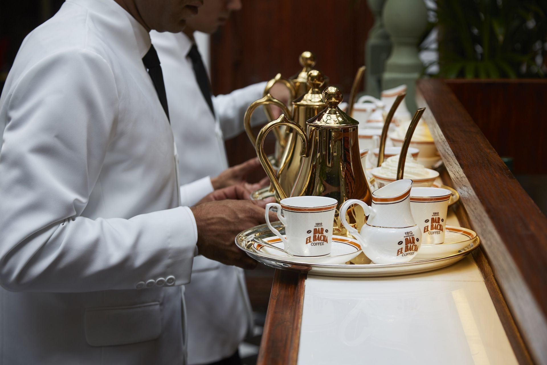 Bacha Coffee Masters preparing for service in the Coffee Room at Dar el Bacha, Marrakech.